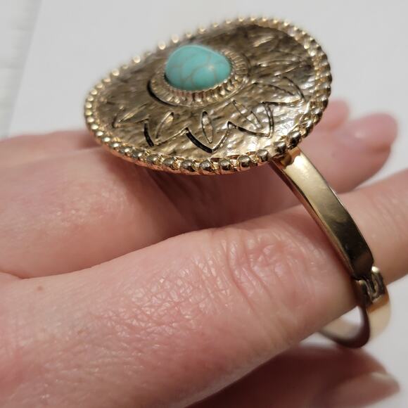 Sunburst Bracelet with Turquoise | MIMOSA Handcrafted Gold Tone Turquoise Stone Cuff Bracelet Sunburst Concho Medallion Western Boho